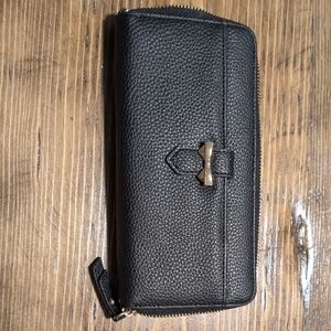 Anne Klein Black Pebbled Zip Around Wallet with Gold Bow Accent